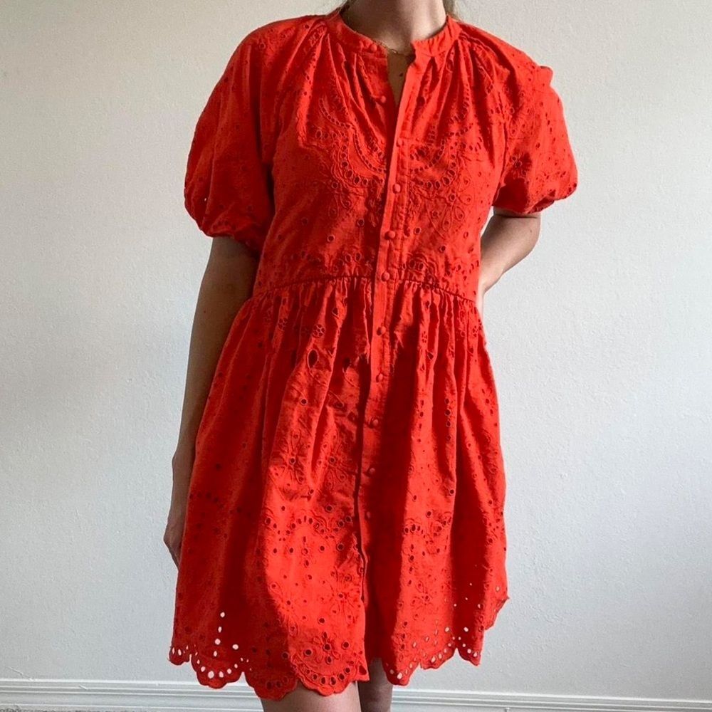 Antonio Melani X Kimberly Whitman Eyelet Puff Sleeve Scallop Button Dress Orange